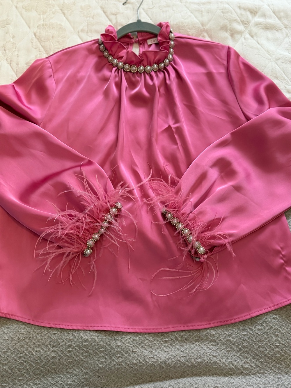Embellished Feather Cuff Pink Satin Blouse size lg boutique bought worn once
